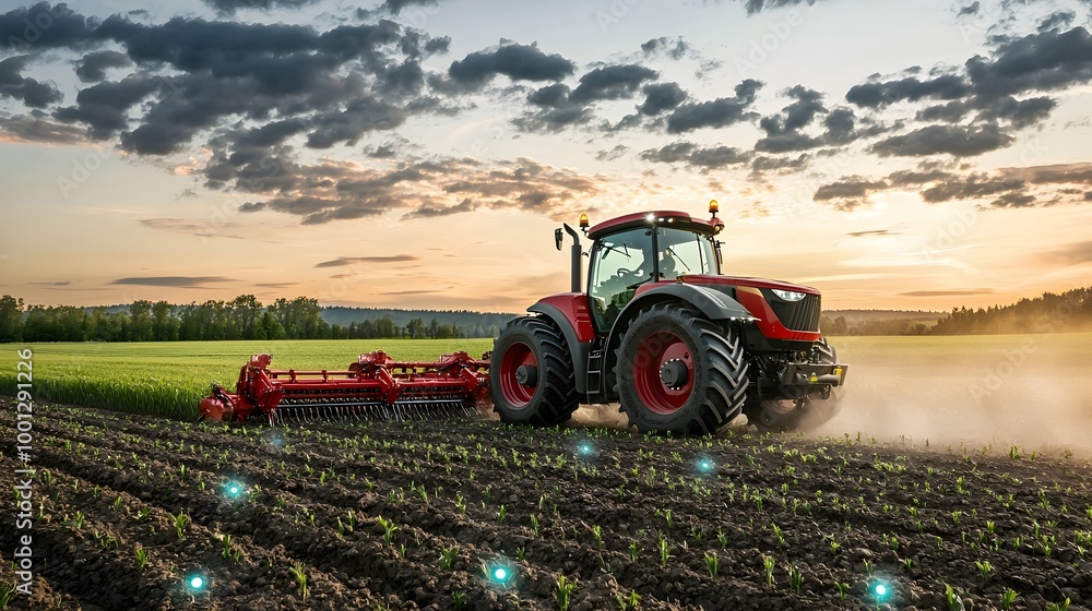 Fototapeta premium Smart Tractor with GPS and Sensors Plowing Precision-Farmed Field