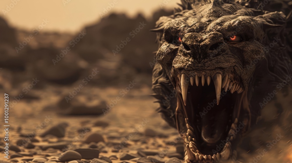 A ferocious, scaly beast with sharp teeth and glowing red eyes, roaring in a desert landscape. A ferocious, scaly beast with sharp teeth and glowing red eyes, roaring in a desert landscape.