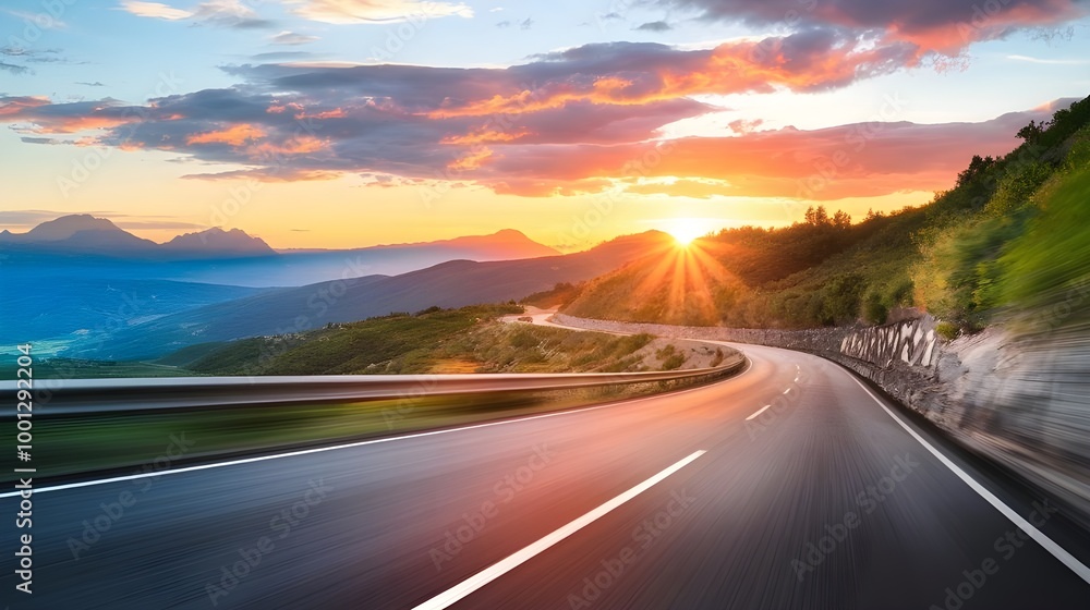 Winding Road Through Mountain Landscape at Sunset Winding Road Through Mountain Landscape at Sunset
