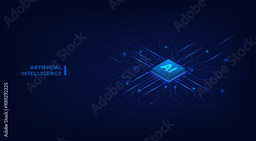 3D Isometric AI chip on circuit tech board. Artificial Intelligence and Machine Learning Technology. CPU processor and semiconductor. Vector illustration