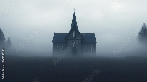 Gothic church, surrounded by fog, haunting atmosphere, 3D illustration