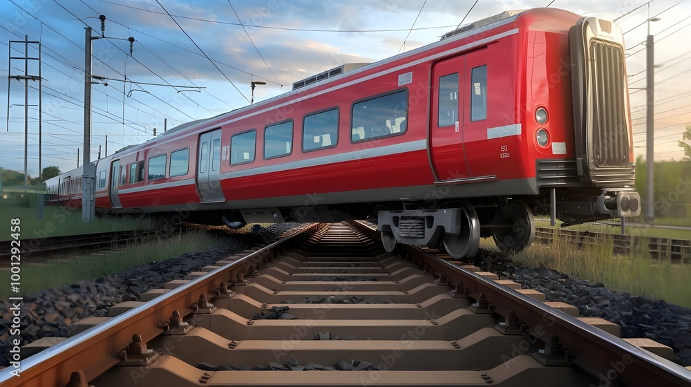 Fototapeta premium Red Passenger Train On Railway Tracks Under Blue Sky