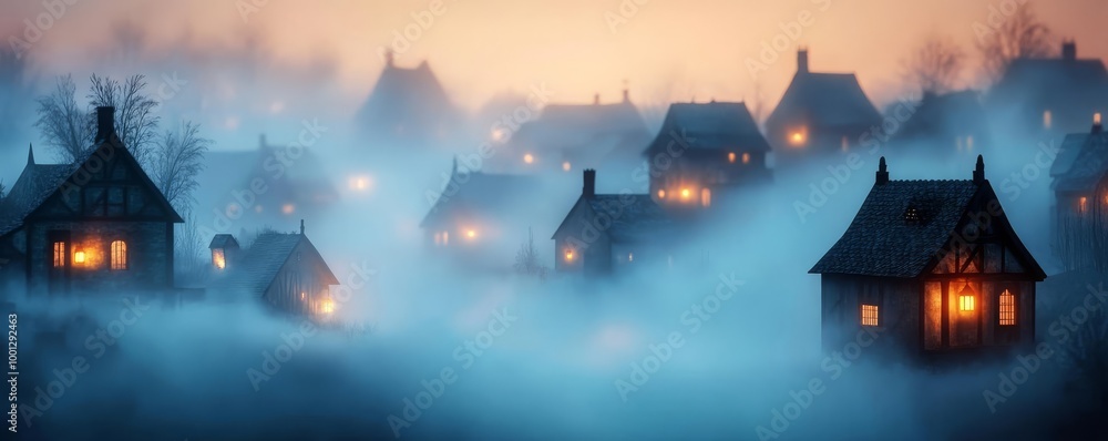 Medieval village, covered in fog, soft lantern glow, 3D illustration Medieval village, covered in fog, soft lantern glow, 3D illustration