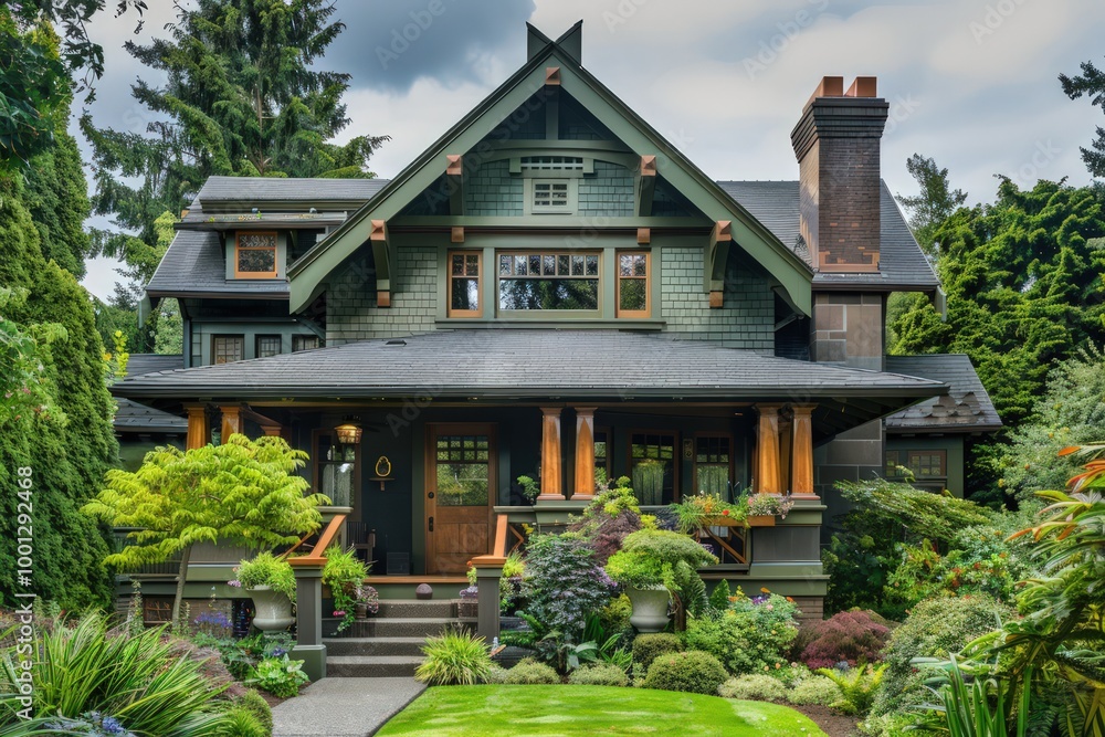 Deep green Craftsman house with elegant woodwork, a cozy front porch, and lush landscaping. Deep green Craftsman house with elegant woodwork, a cozy front porch, and lush landscaping.