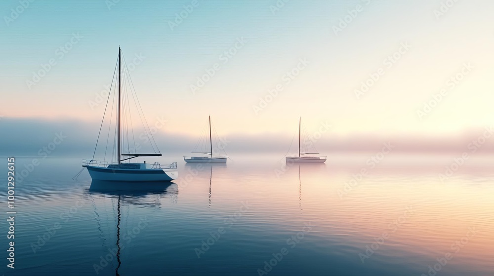 Misty bay, anchored boats, early morning fog, 3D illustration Misty bay, anchored boats, early morning fog, 3D illustration