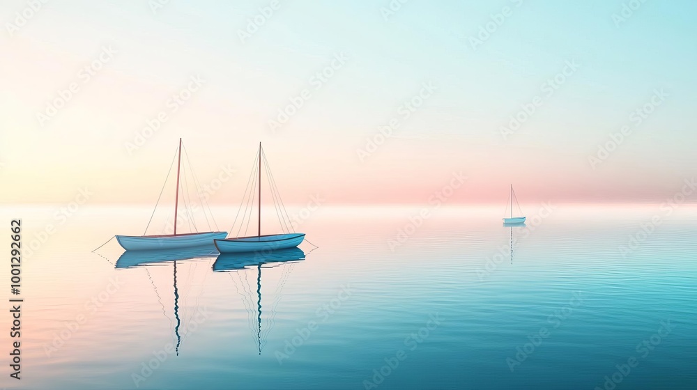 Misty bay, anchored boats, early morning fog, 3D illustration Misty bay, anchored boats, early morning fog, 3D illustration
