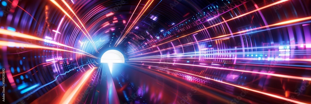 Obraz premium Abstract colorful tunnel with neon lights and glowing lines.