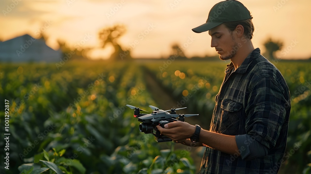 Fototapeta premium Farmer Monitoring Crop Health with Drone Precision Technology on Digital Screen
