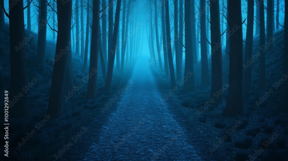 Fototapeta premium Misty forest path, faint glow, ambient mystery, 3D illustration