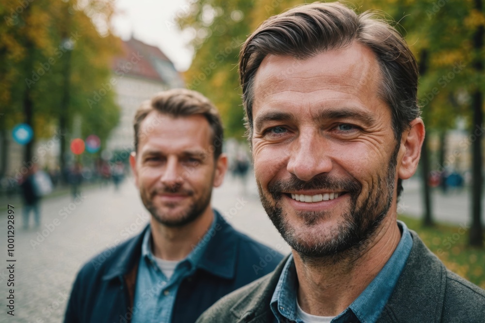 Close portrait of a smiling 40s Slovenian man looking at the camera, Slovenian outdoors blurred background Close portrait of a smiling 40s Slovenian man looking at the camera, Slovenian outdoors blurred background