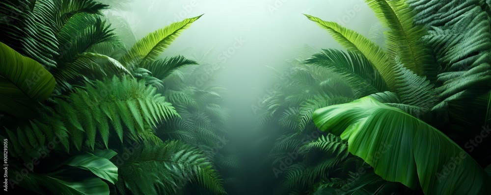 Misty rain forest, dense vegetation, ambient fog, 3D illustration Misty rain forest, dense vegetation, ambient fog, 3D illustration