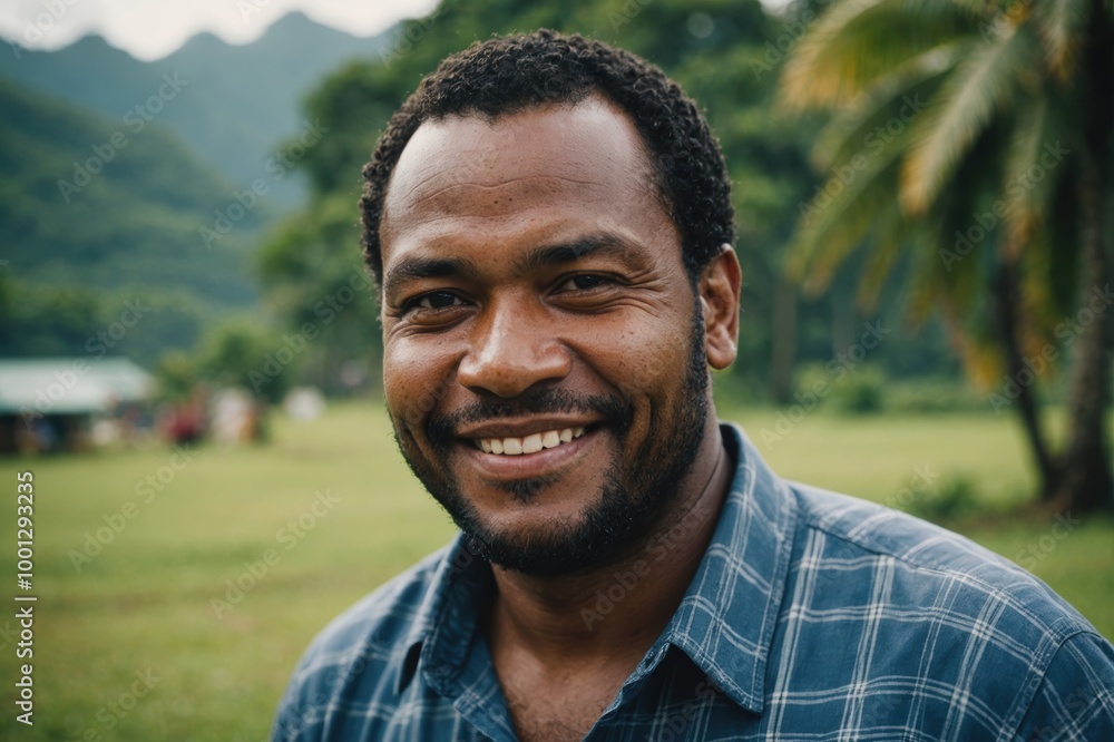 Close portrait of a smiling 40s Solomon Islander man looking at the camera, Solomon Islander outdoors blurred background Close portrait of a smiling 40s Solomon Islander man looking at the camera, Solomon Islander outdoors blurred background