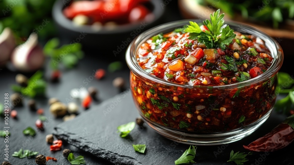 Spicy sauce in a bowl, garnished with herbs, ready for serving. Spicy sauce in a bowl, garnished with herbs, ready for serving.