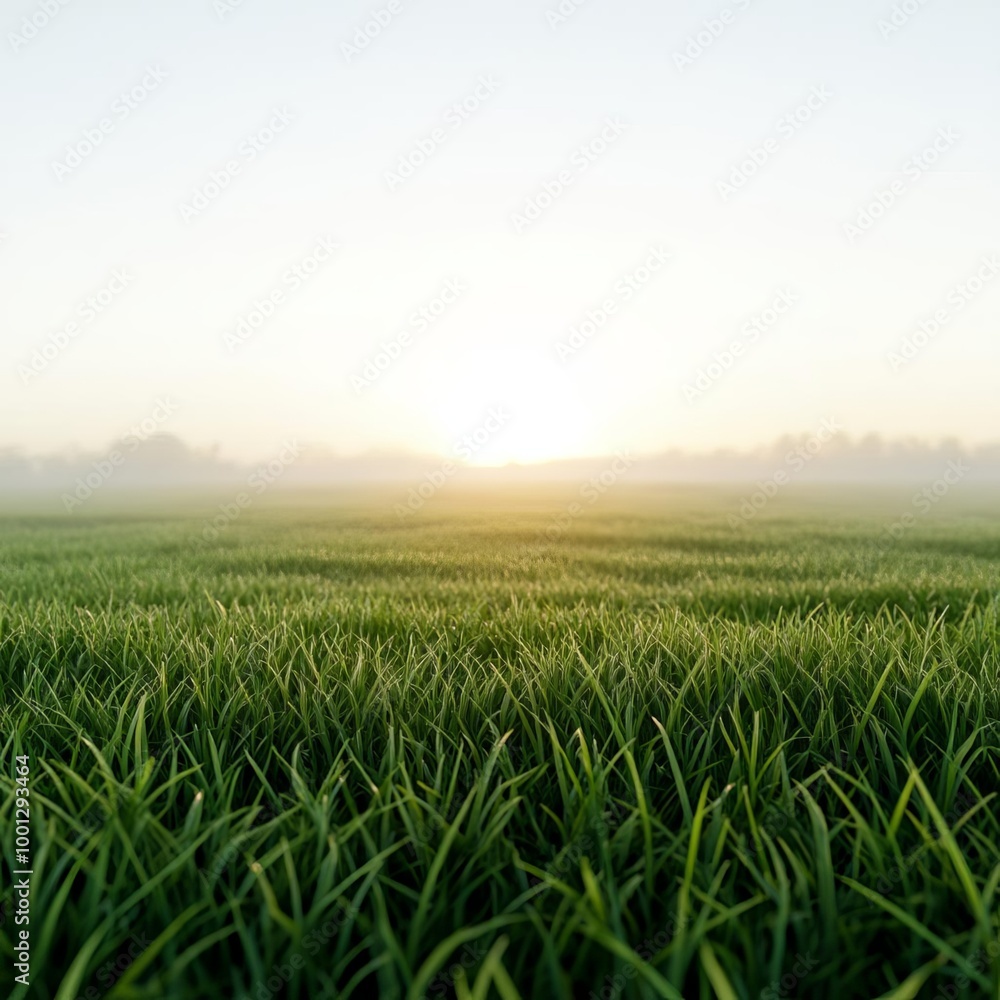 Fototapeta premium Morning fog, dewy meadow, soft sunrise, 3D illustration