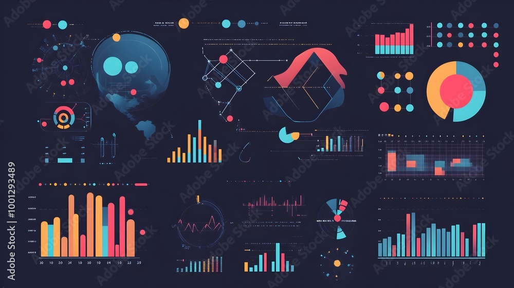 Obraz premium Digital data analytics dashboard with various charts and graphs