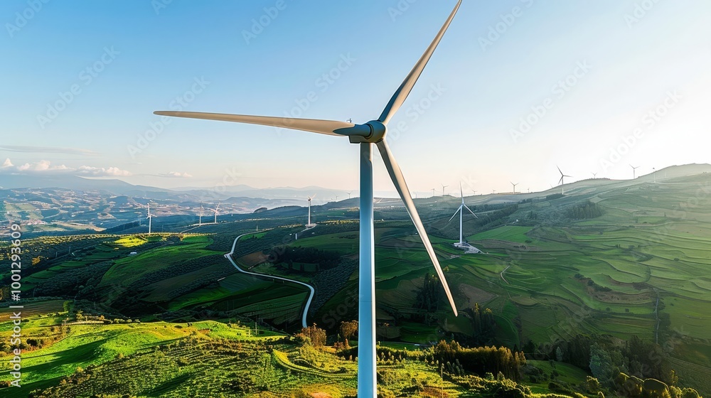 Wind turbine farm on a green hillside with blue sky. Wind turbine farm on a green hillside with blue sky.