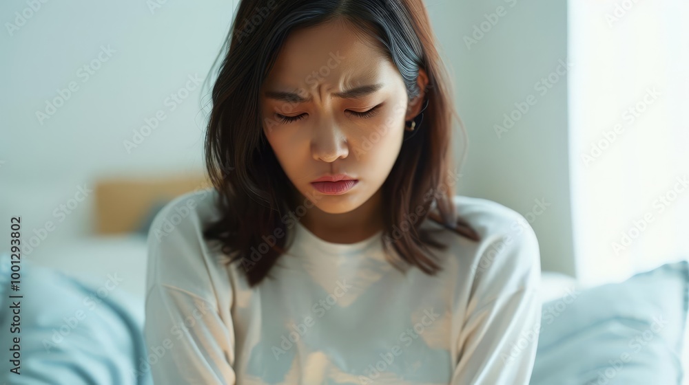 Woman looking sad and distressed sitting on a couch. Woman looking sad and distressed sitting on a couch.