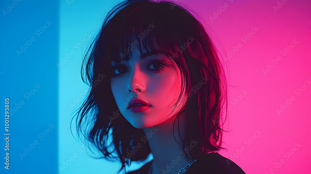 Neon Lights Reflect on a Woman's Face Neon Lights Reflect on a Woman's Face