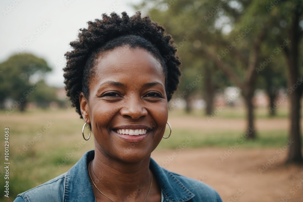 Close portrait of a smiling 40s South African woman looking at the camera, South African outdoors blurred background Close portrait of a smiling 40s South African woman looking at the camera, South African outdoors blurred background