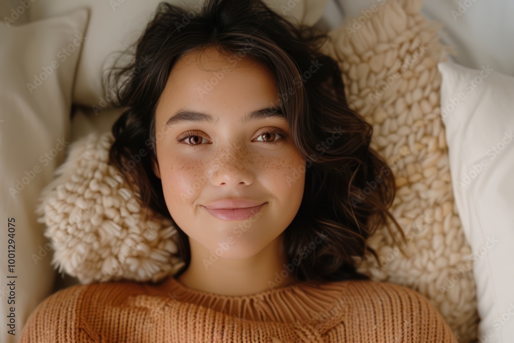 Relaxing in Comfort: Smiling Young Woman Resting on Soft Pillows in Bed Relaxing in Comfort: Smiling Young Woman Resting on Soft Pillows in Bed