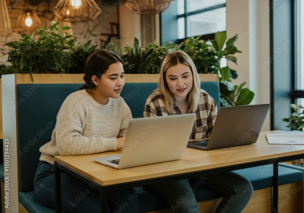 Two women working on laptops in a cafe Two women working on laptops in a cafe