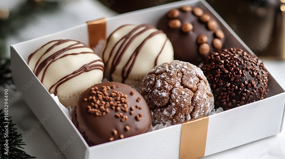 Assorted Gourmet Chocolate Truffles and Pralines in Holiday Gift Box Assorted Gourmet Chocolate Truffles and Pralines in Holiday Gift Box
