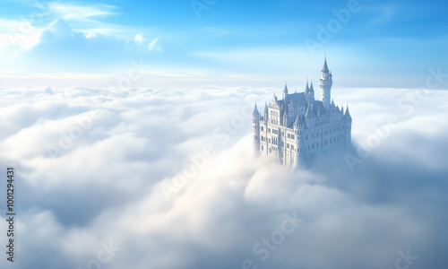 A majestic castle rises above the clouds against a bright blue sky in a fantastical landscape photo