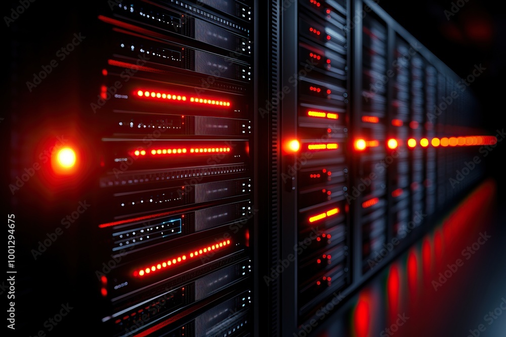High-tech server room with illuminated servers showing data processing activity in a dark environment. High-tech server room with illuminated servers showing data processing activity in a dark environment.