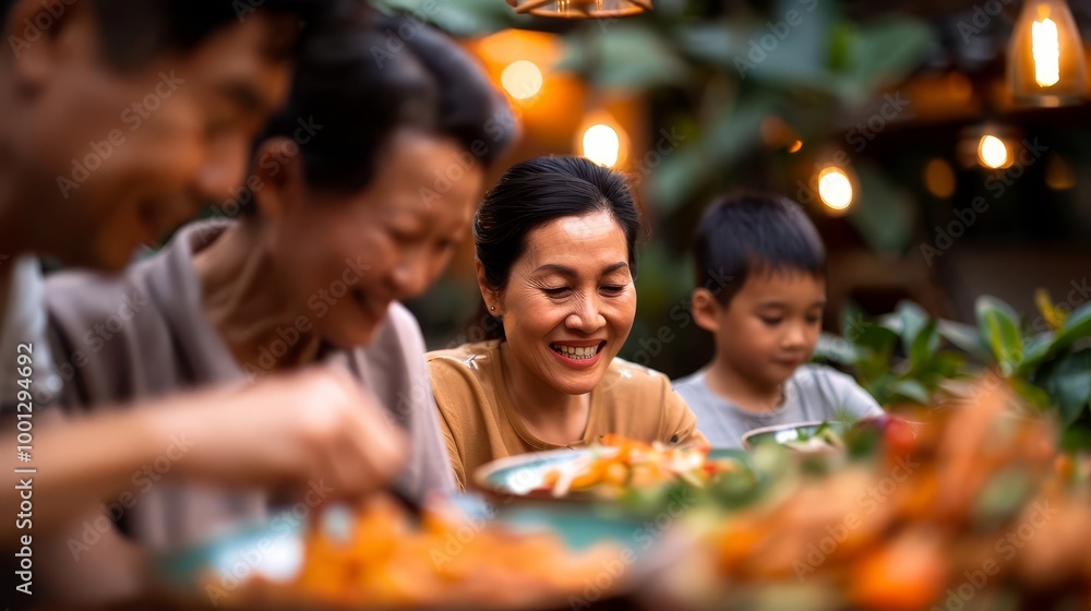 Happy Asian family enjoying a meal together at a restaurant. Happy Asian family enjoying a meal together at a restaurant.