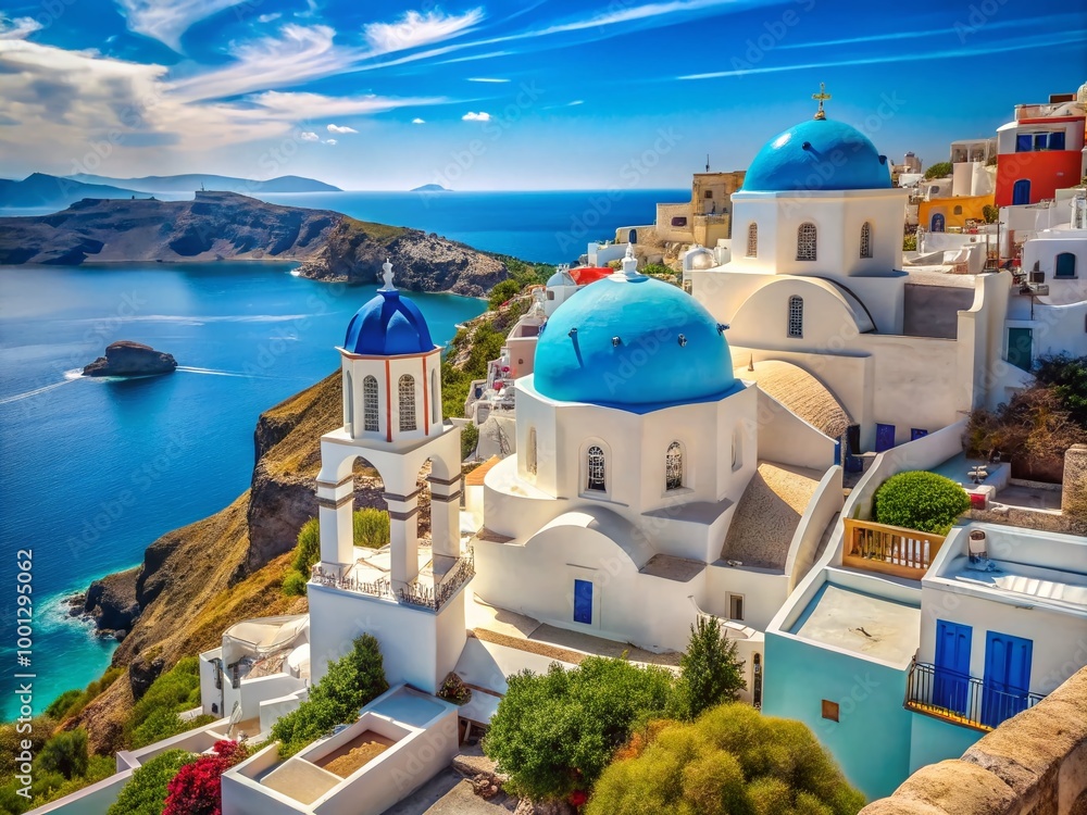 Fototapeta premium Vibrant Greek island village scene with whitewashed houses, blue-domed churches, and turquoise ocean, evoking a sense