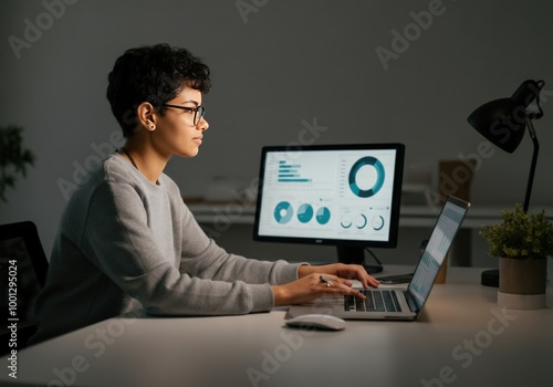 Woman Working Late on Laptop With Charts on Screen