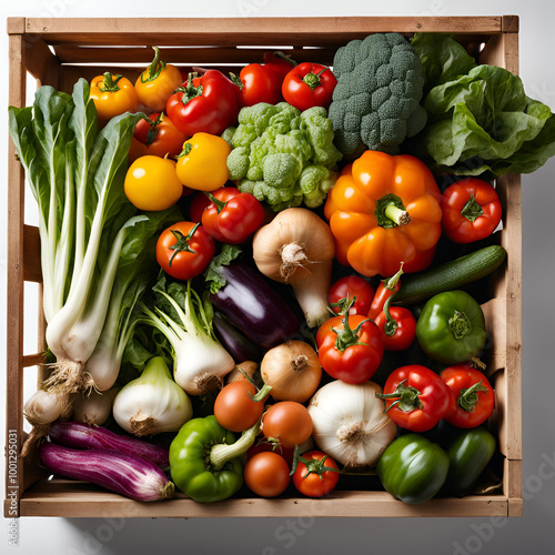 A wooden crate packed with a variety of fresh, colorful vegetables, including peppers, tomatoes, broccoli, onions, eggplant, and lettuce. Ideal for promoting healthy eating, organic produce, or farm m