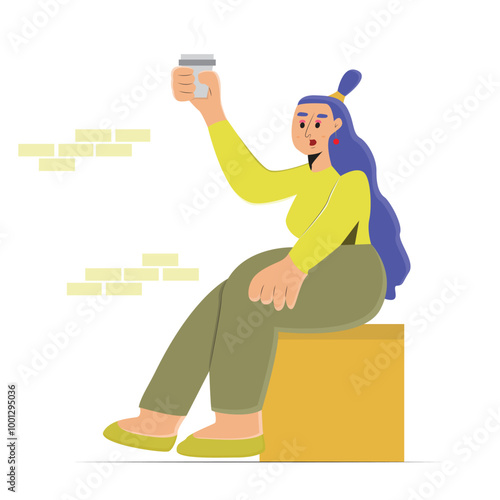 Illustration vector design of woman's sitting down while holding a glass of coffee