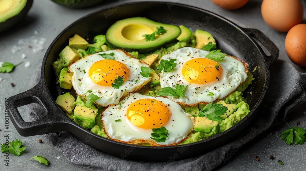 Delicious avocado and egg dish in a skillet with green garnishes. Delicious avocado and egg dish in a skillet with green garnishes.