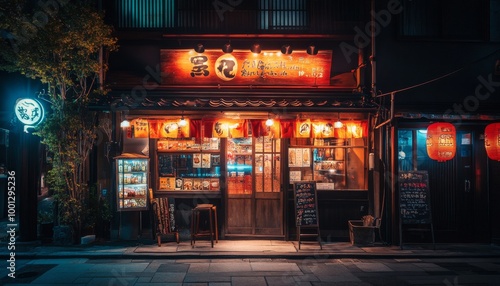 Japanese Street Food Stall at Night. Traditional Japanese Restaurant. Small Japanese Restaurant Facade. Japanese Lantern Lit Night