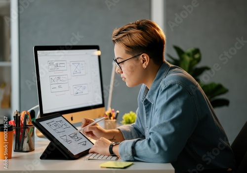 Woman Working on Website Design Concept on Tablet Computer photo