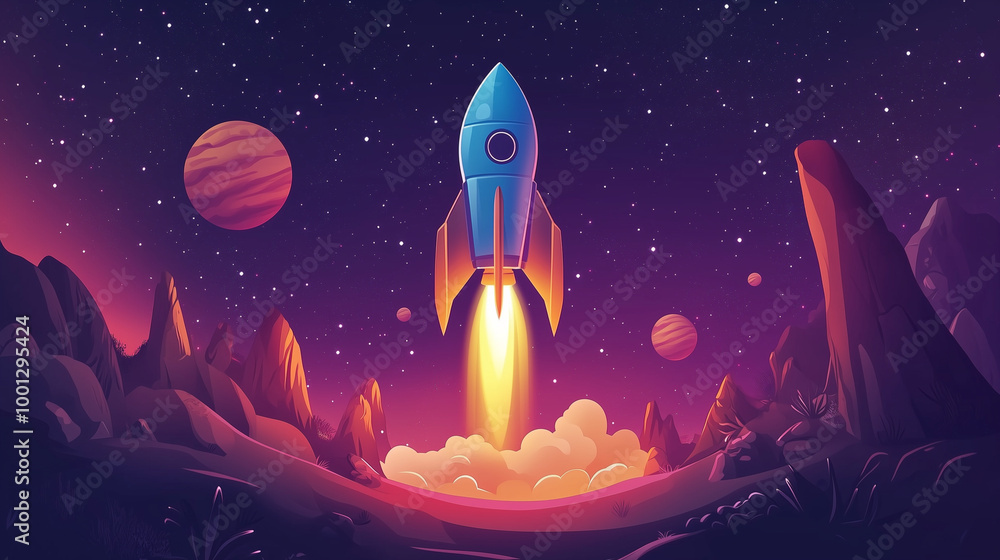 Cartoon rocket go fly up launch. Space galaxy adventure travel landscape view. cartoons. Illustrations
Cartoon rocket go fly up launch. Space galaxy adventure travel landscape view. cartoons. Illustrations