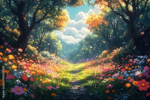 vibrant animethemed game art background showcasing a mystical forest filled with colorful flowers and enchanting creatures bursting with energy and whimsy photo