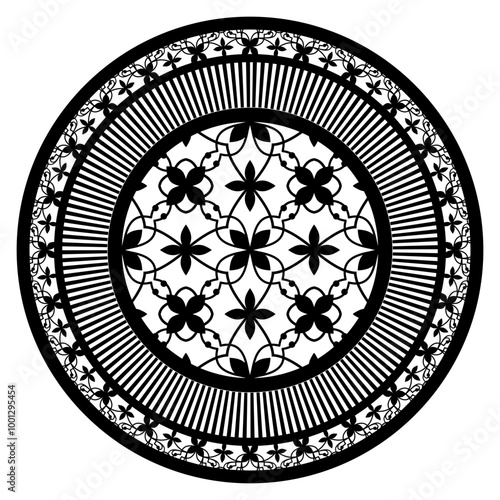 Abstract round floral ornament with arabesques and floral elements. Traditional classic black and white ornament. Vintage pattern with arabesque. Ceramic. Decorative Grille Ideas, Jali, Wall Separator