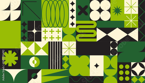  geometric green pattern print background, bauhaus shapes pattern, bauhaus neo brutalism abstract backgrounds, modern geometry trendy design for card, invitation, wallpaper with place