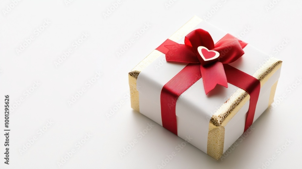Elegant white and gold Valentine present with a red ribbon and heart, isolated on a clean white background. Elegant white and gold Valentine present with a red ribbon and heart, isolated on a clean white background.
