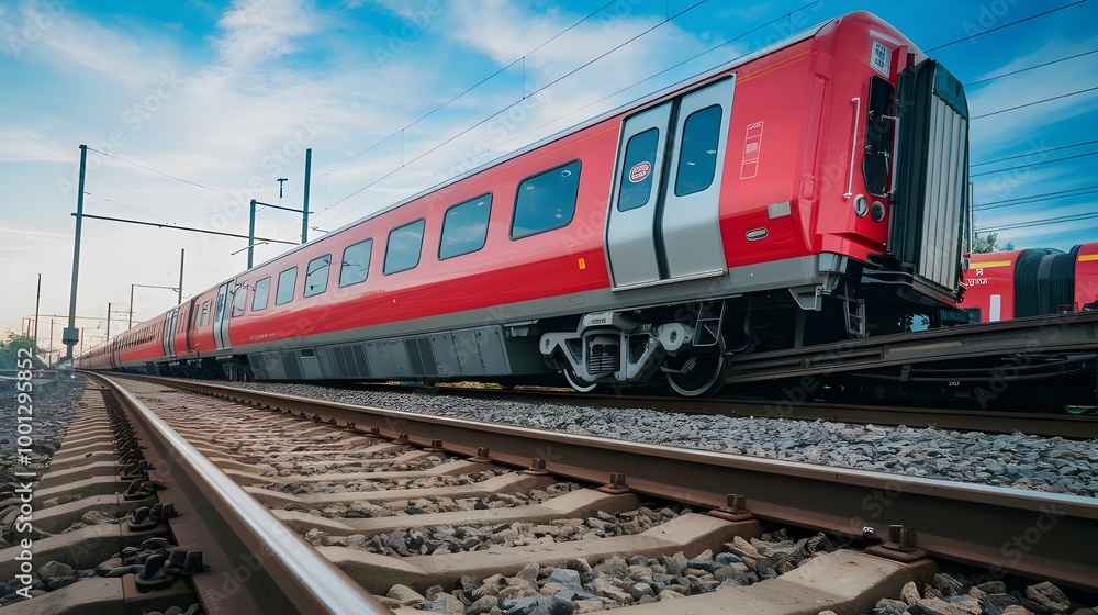 Modern Red Train on Railway Tracks Transportation Travel Public Transit Modern Red Train on Railway Tracks Transportation Travel Public Transit