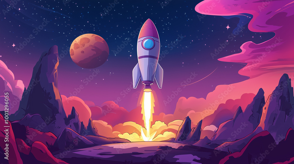 Cartoon rocket go fly up launch. Space galaxy adventure travel landscape view. cartoons. Illustrations
Cartoon rocket go fly up launch. Space galaxy adventure travel landscape view. cartoons. Illustrations