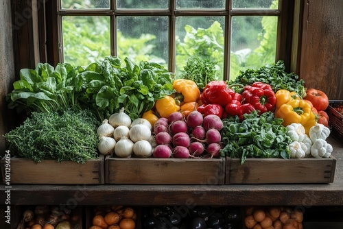 vibrant assortment of freshly harvested vegetables and herbs displayed in a rustic kitchen celebrating healthy living with natural light illuminating the rich colors and textures of organic produce photo