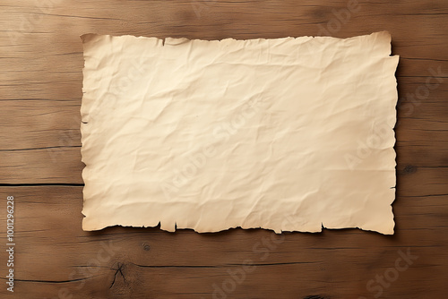 Blank aged parchment paper on rustic wooden background ready for handwritten notes or decoration photo