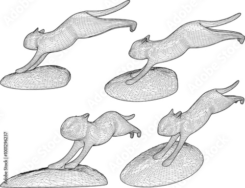 Vector sketch illustration silhouette design image of modern statue of cat jumping on rock