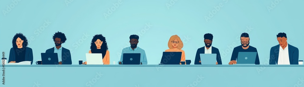 A diverse group of professionals working at a long table with laptops, contributing to a collaborative environment. A diverse group of professionals working at a long table with laptops, contributing to a collaborative environment.