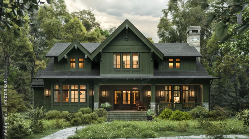 Deep forest green Craftsman home featuring large bay windows and a welcoming front porch. Deep forest green Craftsman home featuring large bay windows and a welcoming front porch.