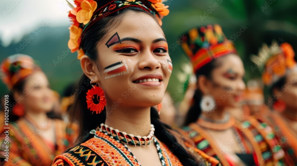 Fototapeta premium Smiling woman in traditional Indonesian costume with flower crown and face paint.
