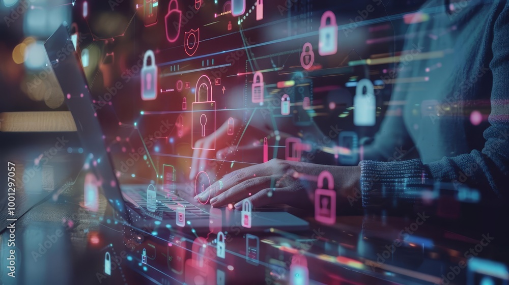 Cybersecurity awareness scene with a person securing their digital data, surrounded by holographic locks and security symbols with copy space Cybersecurity awareness scene with a person securing their digital data, surrounded by holographic locks and security symbols with copy space